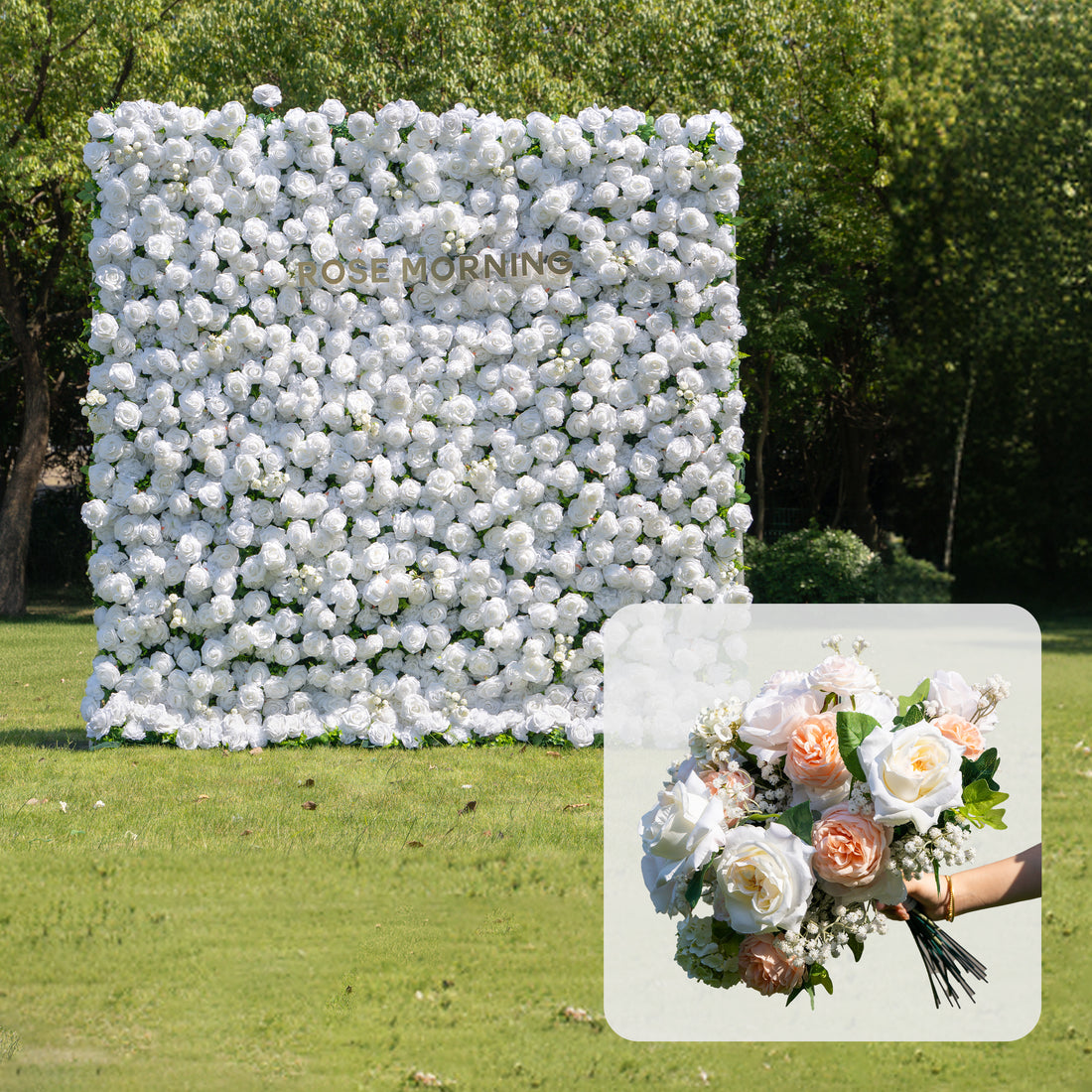 CP02: One Fabric Backdrop Artificial rolling up flower wall+100 Loose Flowers (Champagne)