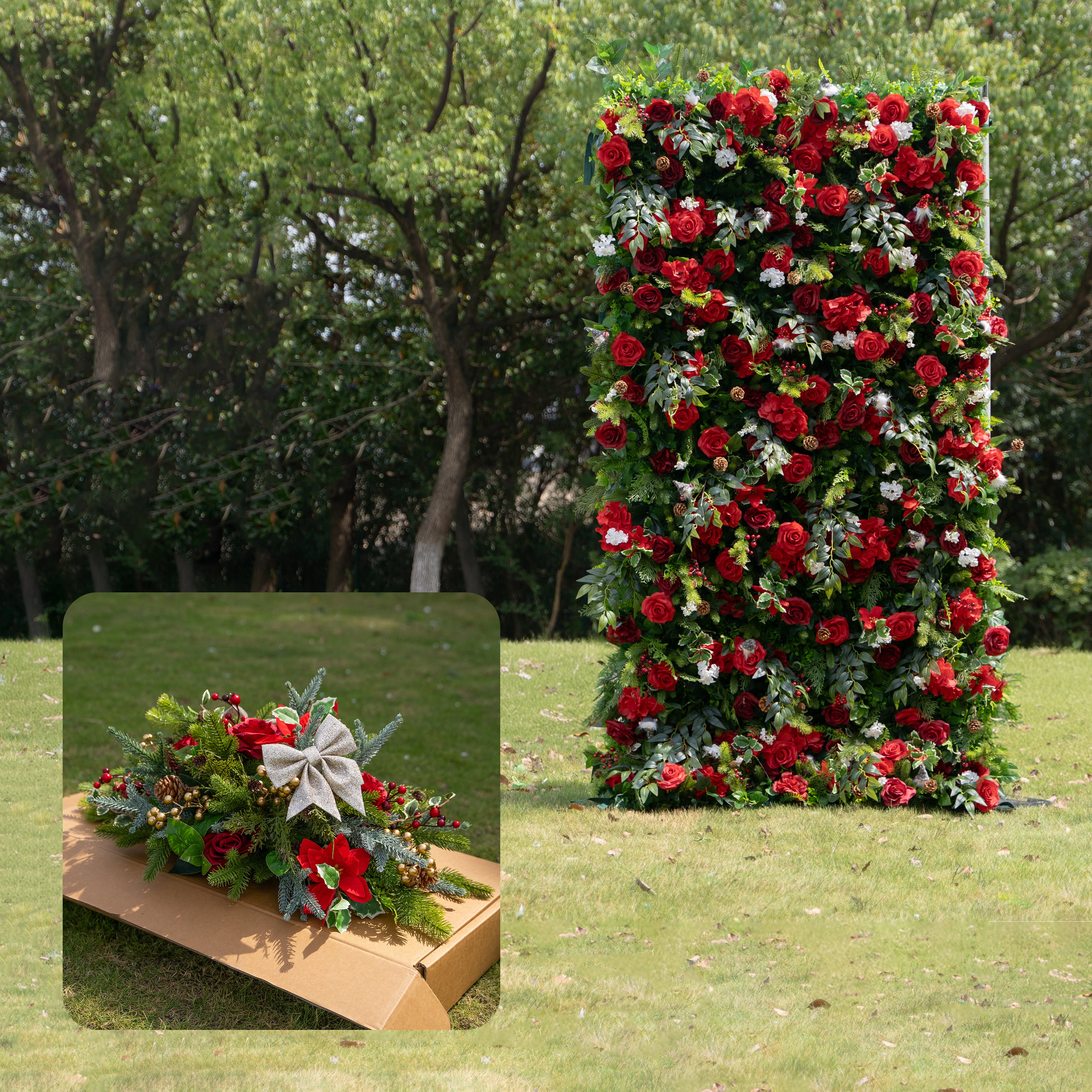 MC-A: Christmas Fabric Backdrop Artificial rolling up flower wall 4*8ft+Xmas Loose Flowers