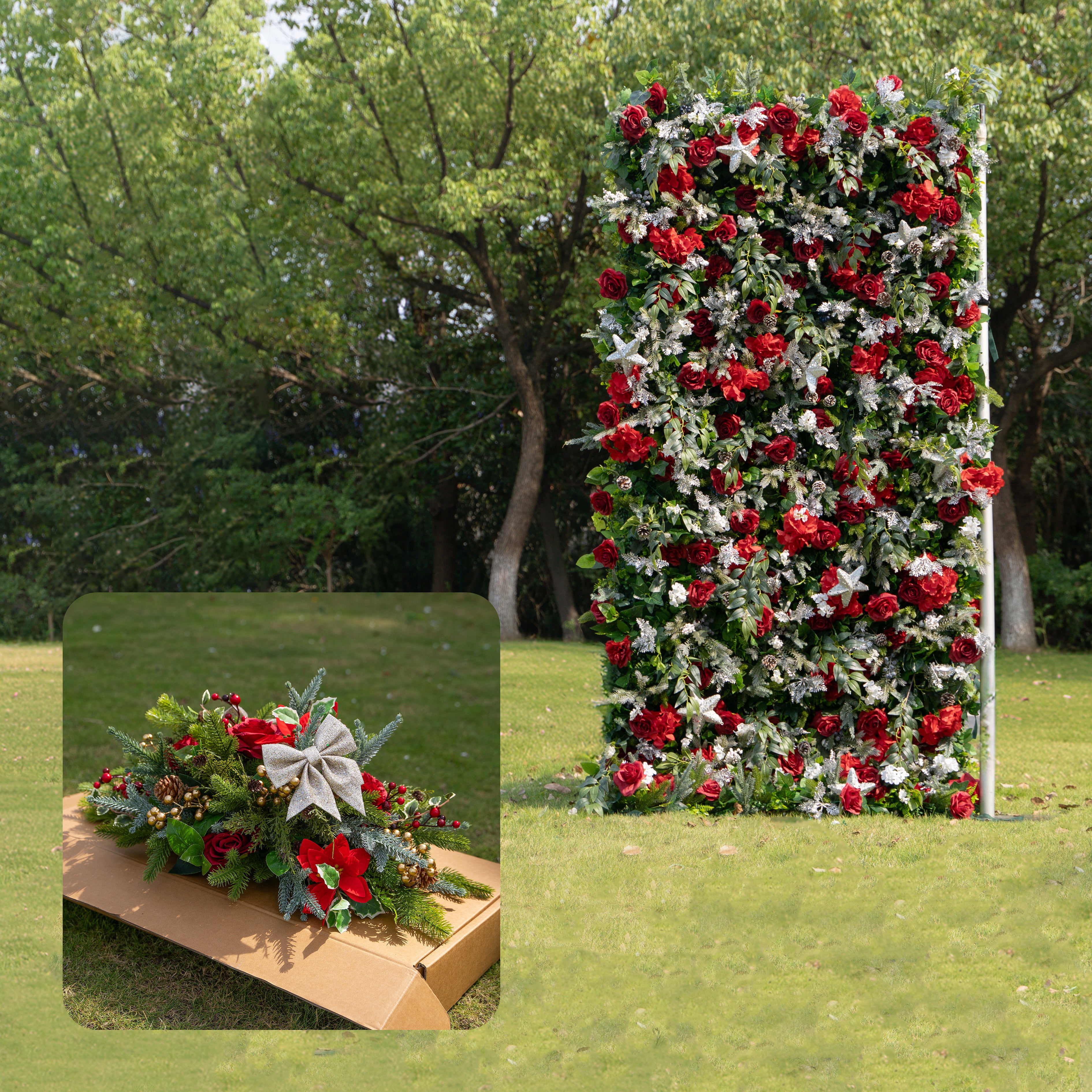 MC-B: Christmas Fabric Backdrop Artificial rolling up flower wall 4*8ft+Xmas Loose Flowers