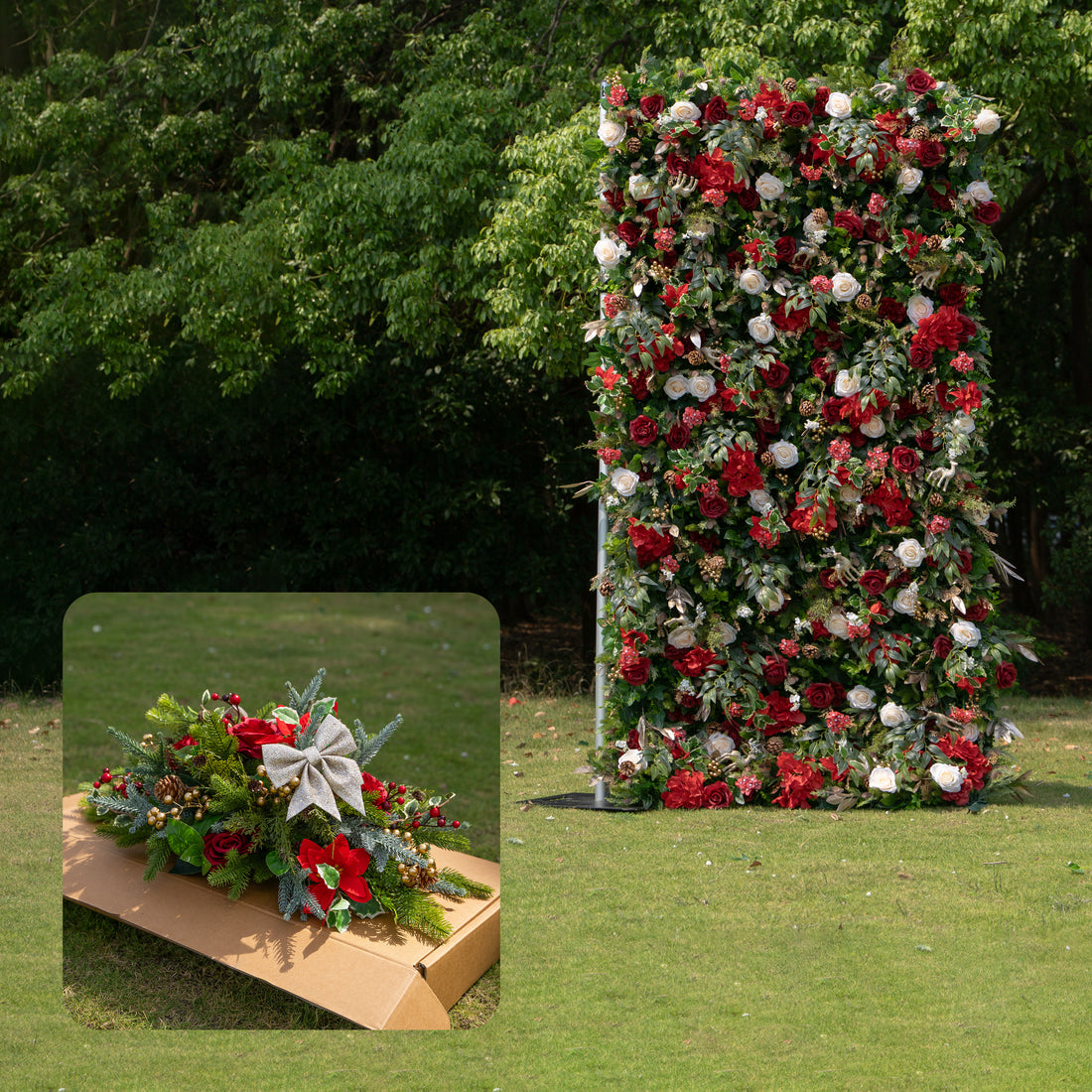 MC-D: Christmas Fabric Backdrop Artificial rolling up flower wall 4*8ft+Xmas Loose Flowers