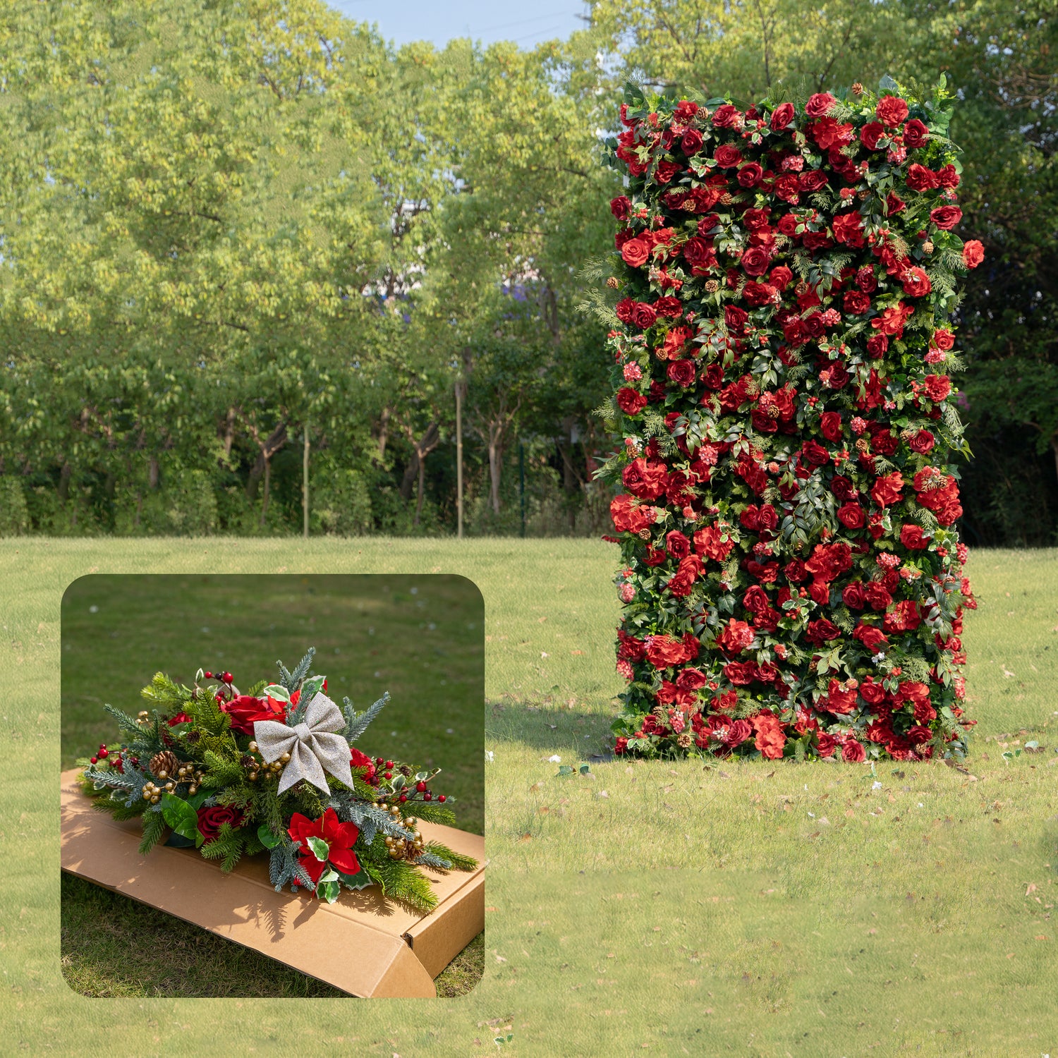 MC-1: Christmas Fabric Backdrop Artificial rolling up flower wall 4*8ft+Xmas Loose Flowers