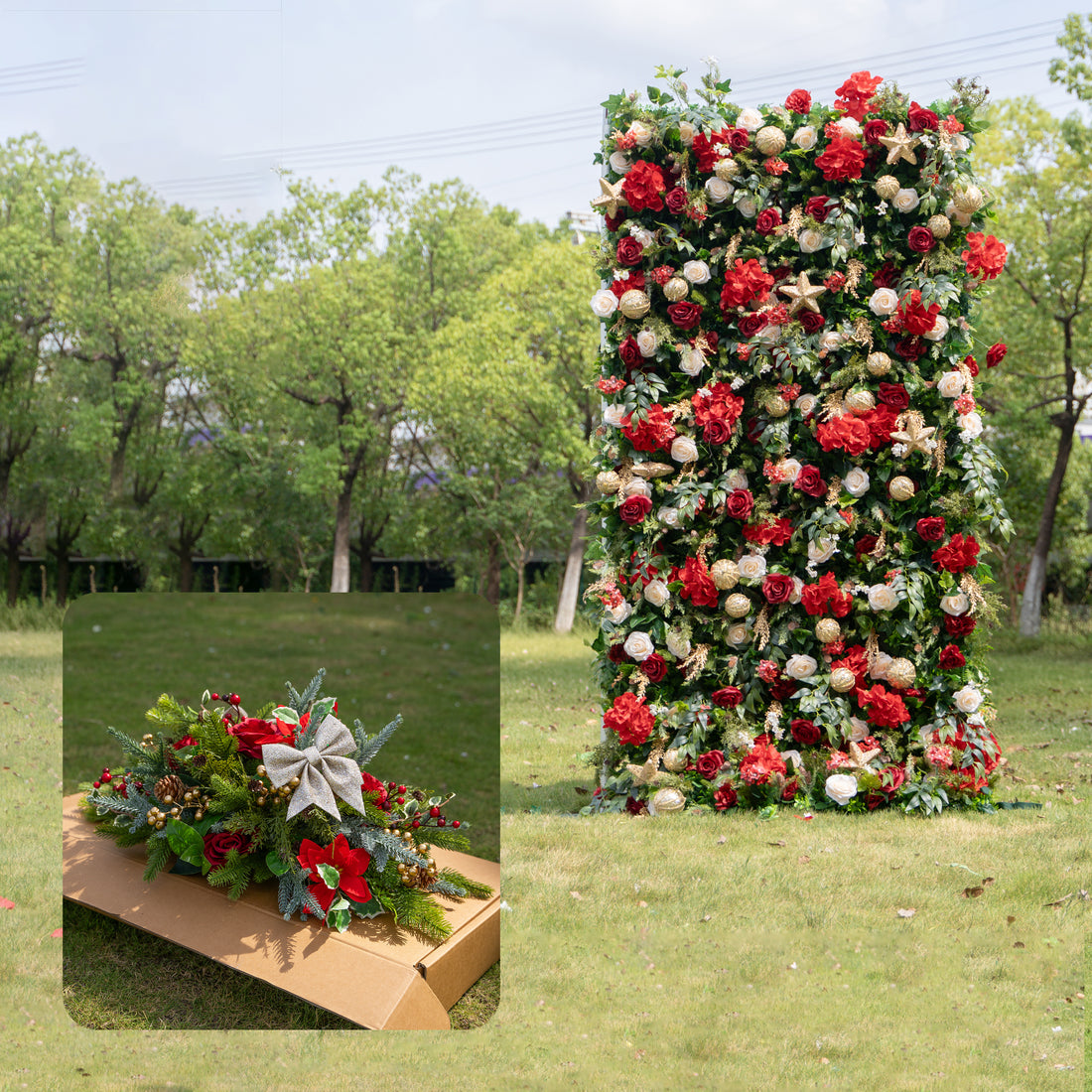 MC-4: Christmas Fabric Backdrop Artificial rolling up flower wall 4*8ft+Xmas Loose Flowers