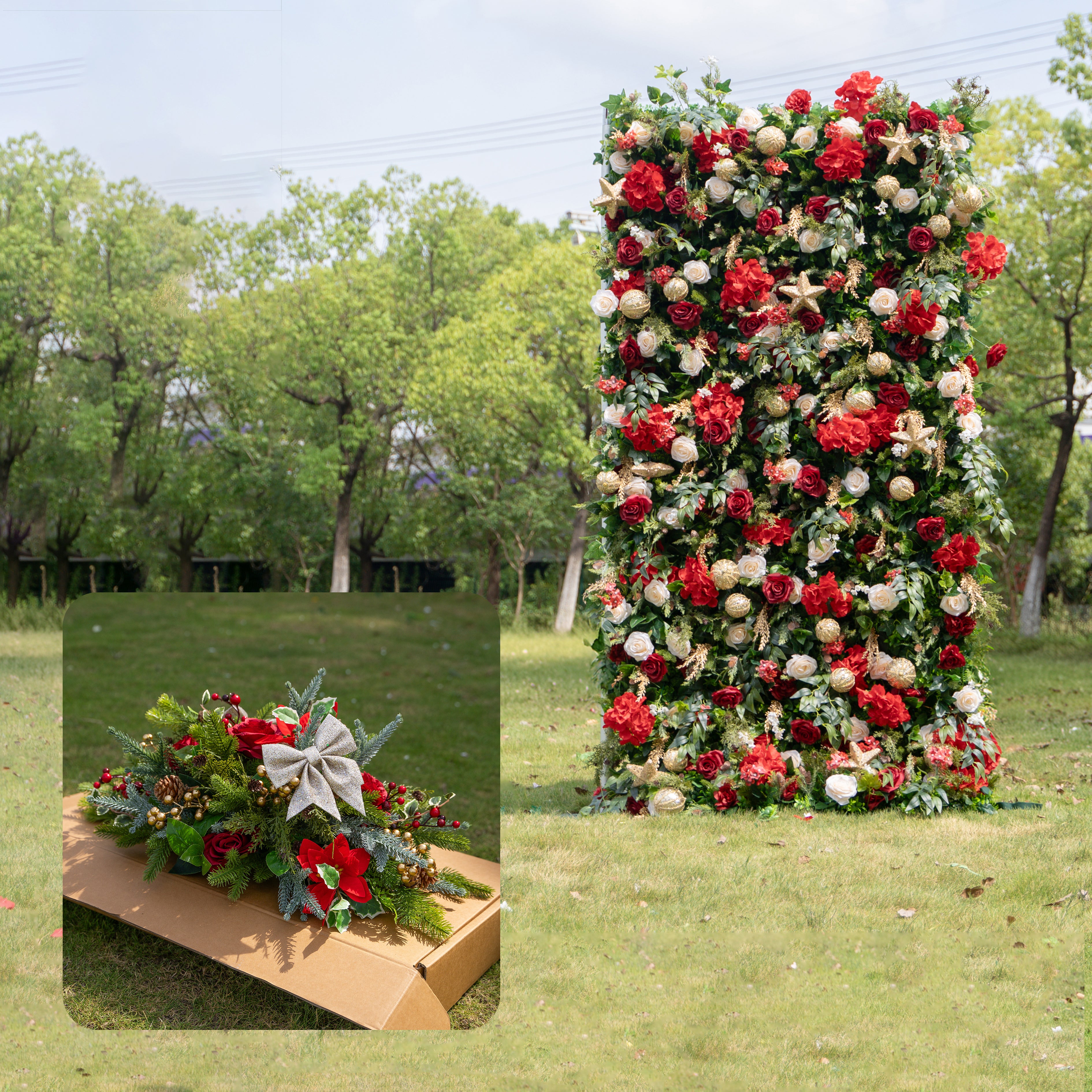 MC-4: Christmas Fabric Backdrop Artificial rolling up flower wall 4*8ft+Xmas Loose Flowers