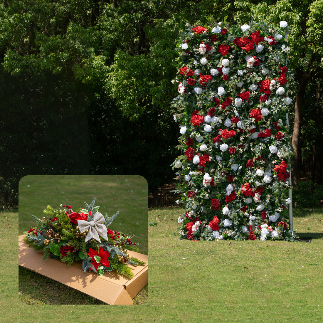 MC-5: Christmas Fabric Backdrop Artificial rolling up flower wall 4*8ft+Xmas Loose Flowers