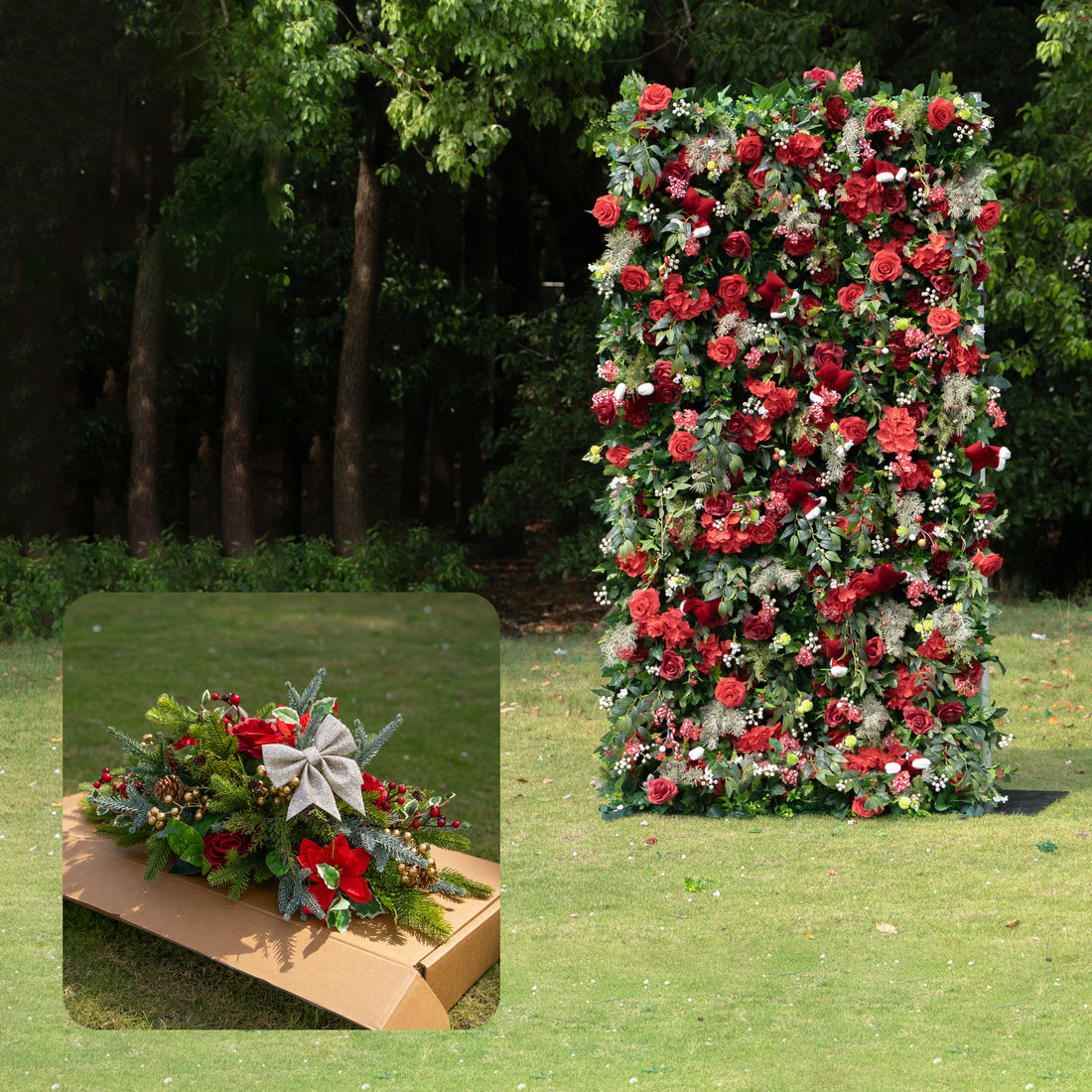 MC-C: Christmas Fabric Backdrop Artificial rolling up flower wall 4*8ft+Xmas Loose Flowers