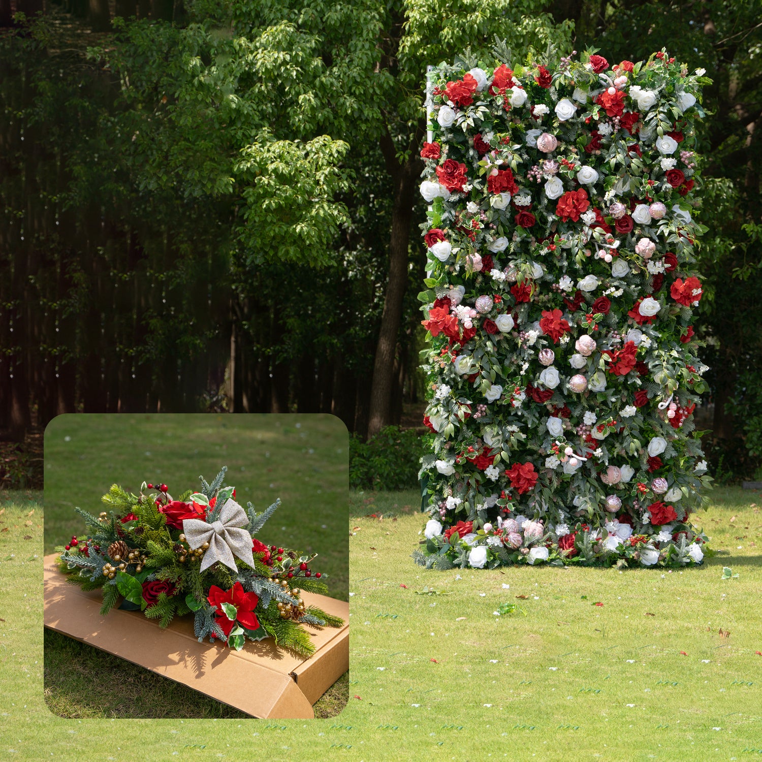 MC-E: Christmas Fabric Backdrop Artificial rolling up flower wall 4*8ft+Xmas Loose Flowers